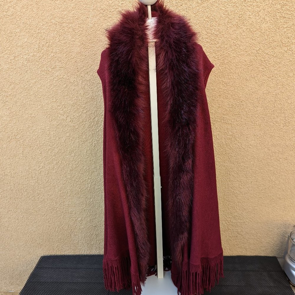 Long Burgundy FurTrim Coat Vest XL  Really NICE!